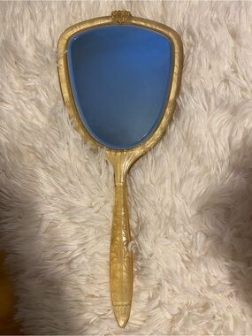Vintage Celluloid Gold Beige Hand Mirror 13”